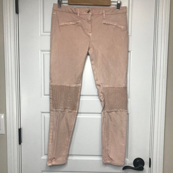 Zara Woman Medium Rise Skinny Fit Slim Leg Jeans Pink Size 8 Shirred Knee Moto - Picture 2 of 13